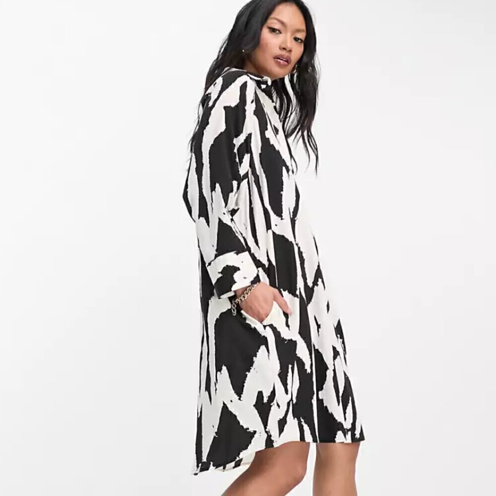 Monki mini shirt dress in black and cream print